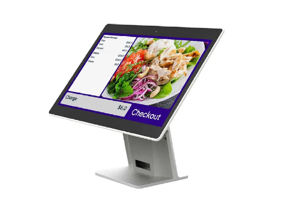 Side view of OA1216A Android POS terminal showing its stand and slim profile