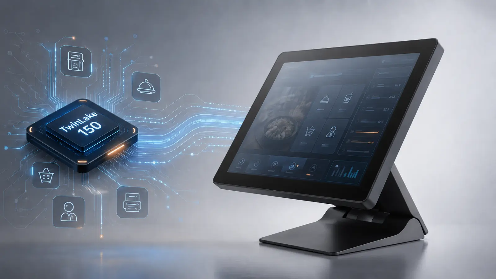 OA3215 restaurant POS with abstract Intel N150 processing visualization