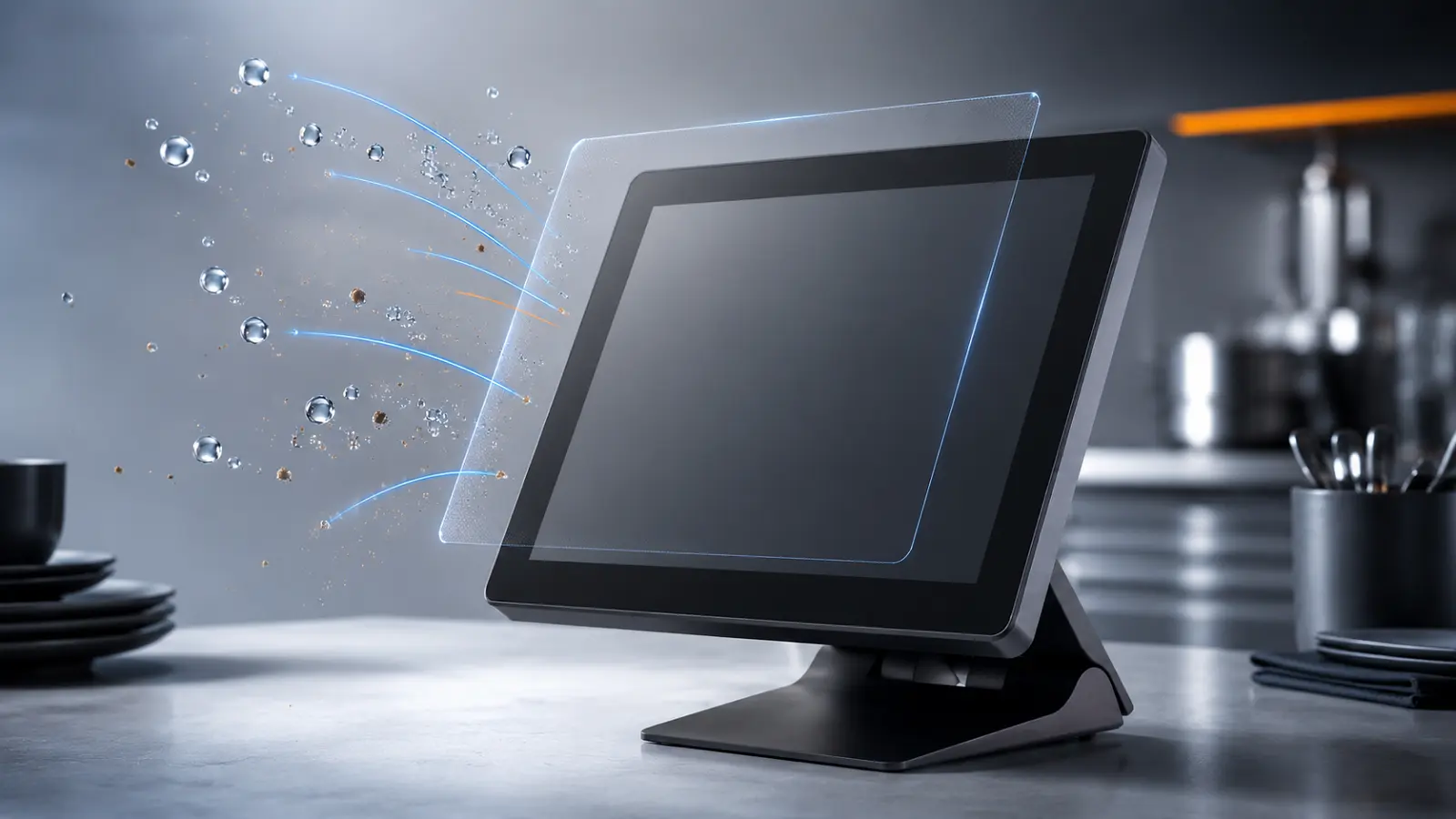 OA3215 restaurant POS illustrating IP65 front-panel protection against dust and water