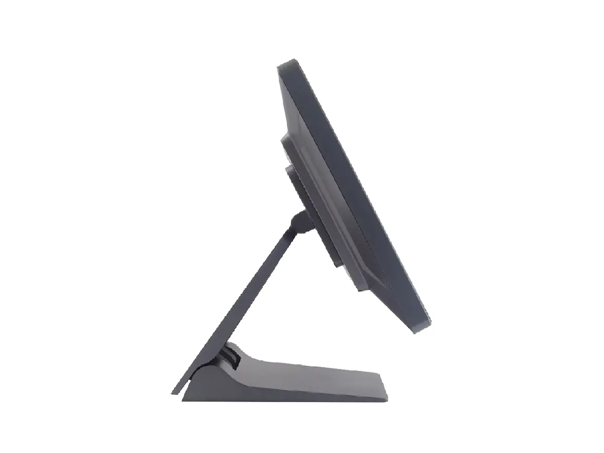 Side view of OA3215 POS terminal showing its dual-hinge stand and tilt range