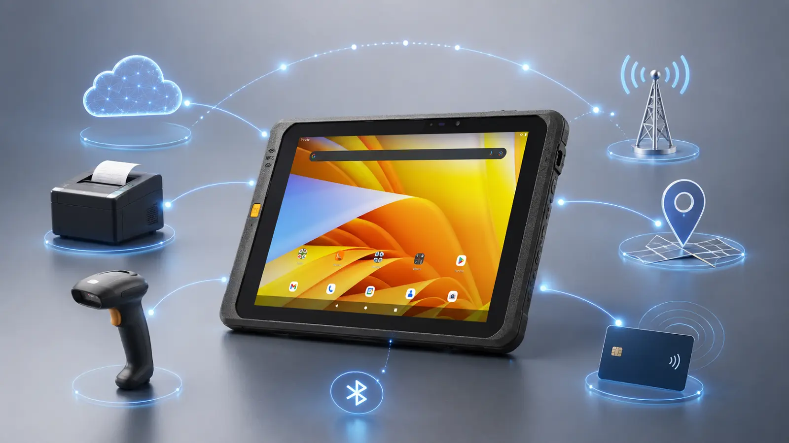 OT1110A rugged Android tablet connected through Wi-Fi, Bluetooth, 4G LTE, NFC, and navigation services