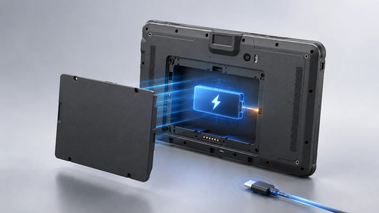 Rear view of OT1110A rugged Android tablet illustrating its hot-swappable main battery and internal backup power