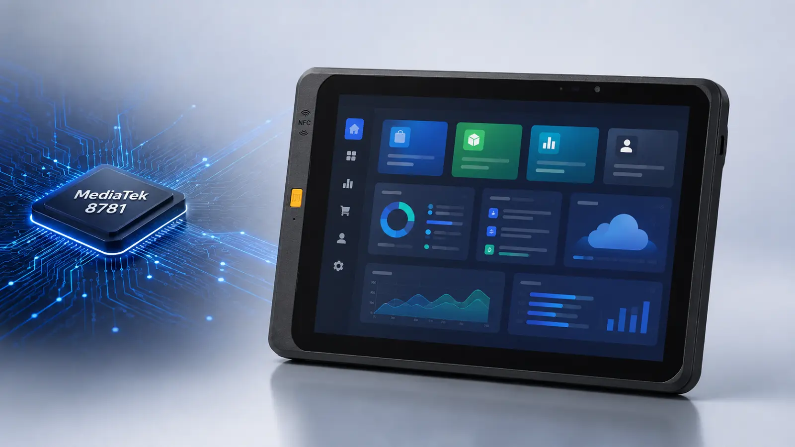 OT1110A rugged Android tablet with abstract MediaTek MT8781 processing and Android application ecosystem
